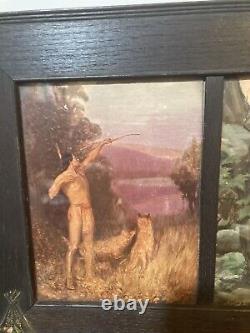 American Indian Litho Print Triptych Antique Wood Frame 26 1/4 X 11 1/2 Art