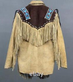 American Native Western Jacket Suede Leather Fringes & Indian Beads Work Coat