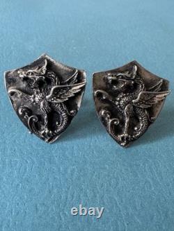 Antique 1890 Victorian Large 925 Sterling Silver Dragon Griffin Shield Cufflinks