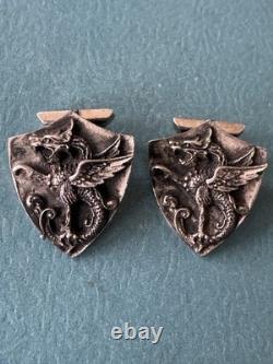 Antique 1890 Victorian Large 925 Sterling Silver Dragon Griffin Shield Cufflinks