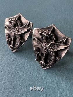 Antique 1890 Victorian Large 925 Sterling Silver Dragon Griffin Shield Cufflinks