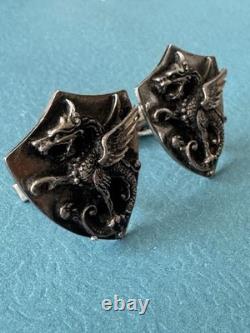Antique 1890 Victorian Large 925 Sterling Silver Dragon Griffin Shield Cufflinks