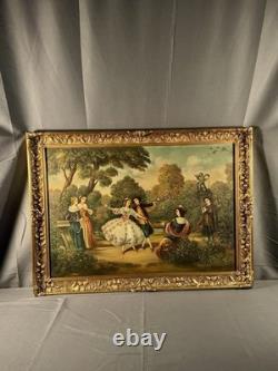 Antique 19th Century Signed European Rococo Revival Oil Painting Court Scene