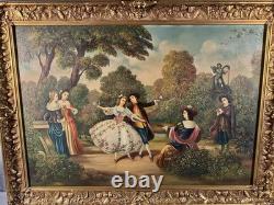 Antique 19th Century Signed European Rococo Revival Oil Painting Court Scene