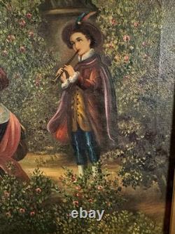 Antique 19th Century Signed European Rococo Revival Oil Painting Court Scene