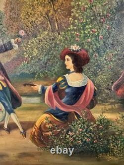 Antique 19th Century Signed European Rococo Revival Oil Painting Court Scene