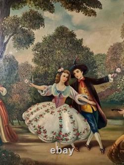 Antique 19th Century Signed European Rococo Revival Oil Painting Court Scene