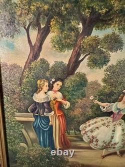 Antique 19th Century Signed European Rococo Revival Oil Painting Court Scene