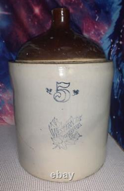 Antique 5 Gallon Western Stoneware Crock No. 5 Star Jug Moonshine Solid Heavy