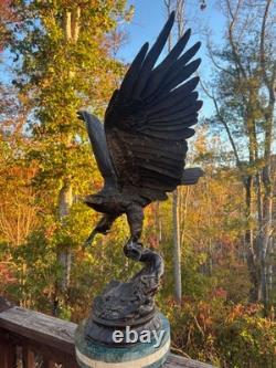 Antique Bronze Eagle Sculpture, Triple-tier Marble Plinth, on Branch, J Moigniez
