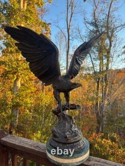 Antique Bronze Eagle Sculpture, Triple-tier Marble Plinth, on Branch, J Moigniez
