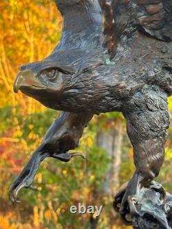 Antique Bronze Eagle Sculpture, Triple-tier Marble Plinth, on Branch, J Moigniez