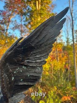 Antique Bronze Eagle Sculpture, Triple-tier Marble Plinth, on Branch, J Moigniez