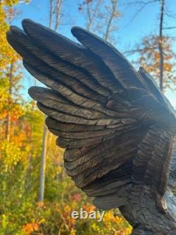 Antique Bronze Eagle Sculpture, Triple-tier Marble Plinth, on Branch, J Moigniez