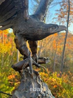 Antique Bronze Eagle Sculpture, Triple-tier Marble Plinth, on Branch, J Moigniez