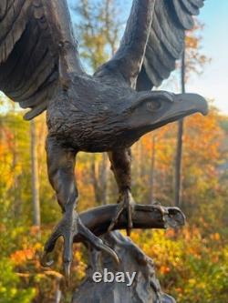 Antique Bronze Eagle Sculpture, Triple-tier Marble Plinth, on Branch, J Moigniez