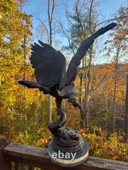 Antique Bronze Eagle Sculpture, Triple-tier Marble Plinth, on Branch, J Moigniez