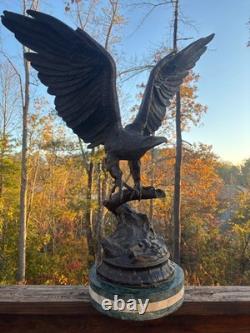 Antique Bronze Eagle Sculpture, Triple-tier Marble Plinth, on Branch, J Moigniez