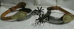 Antique Fancy Mexican Charro Iron Spurs with Overlay Silver & Large Rowels Unmark