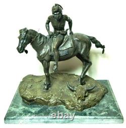 Antique Frederic Remington Style Bronze Indian Warrior on Horse