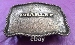 Antique Gist Sierra Silver 10K Gold Name CHARLEY Large Trophy Style Belt Buckle