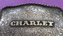 Antique Gist Sierra Silver 10K Gold Name CHARLEY Large Trophy Style Belt Buckle