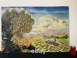 Antique Iowa Plein Air Impressionist Landscape Oil Painting, Cowboy 1946