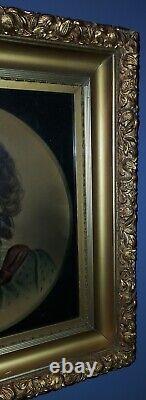 Antique Lady Victorian Crayon Portrait Painting Gold Ornate Thick Wooden Frame