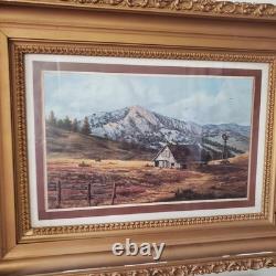 Antique Landscape Mountain Art Rustic Barn Print Thick BRONZE/GOLD Scroll Frame