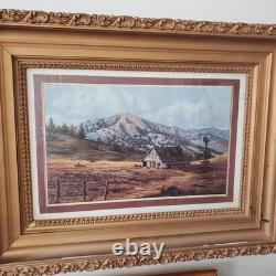 Antique Landscape Mountain Art Rustic Barn Print Thick BRONZE/GOLD Scroll Frame