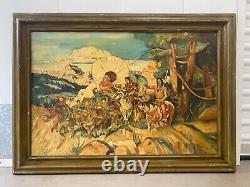 Antique Old American WPA Wild West Cowboy Oregon Trail Indian Oil Painting