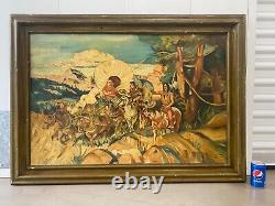 Antique Old American WPA Wild West Cowboy Oregon Trail Indian Oil Painting