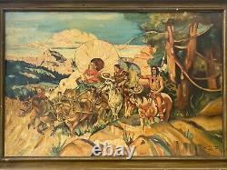 Antique Old American WPA Wild West Cowboy Oregon Trail Indian Oil Painting