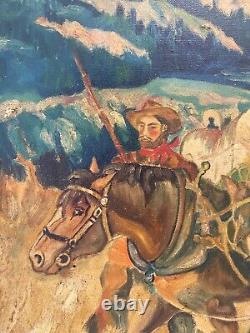 Antique Old American WPA Wild West Cowboy Oregon Trail Indian Oil Painting