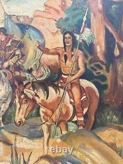 Antique Old American WPA Wild West Cowboy Oregon Trail Indian Oil Painting