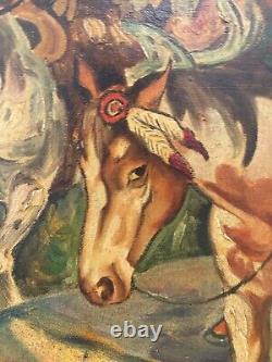 Antique Old American WPA Wild West Cowboy Oregon Trail Indian Oil Painting