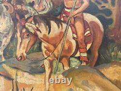 Antique Old American WPA Wild West Cowboy Oregon Trail Indian Oil Painting