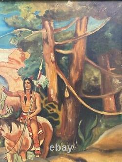 Antique Old American WPA Wild West Cowboy Oregon Trail Indian Oil Painting