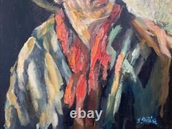 Antique Old West Social Realism Americana Cowboy Portrait Oil Painting, 1940s