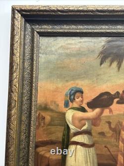 Antique Orientlism Painting 19th Century Large Portrait Landscape Camels Oil