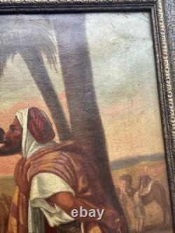 Antique Orientlism Painting 19th Century Large Portrait Landscape Camels Oil
