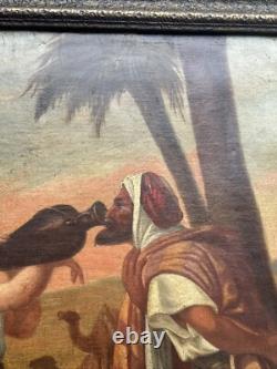Antique Orientlism Painting 19th Century Large Portrait Landscape Camels Oil
