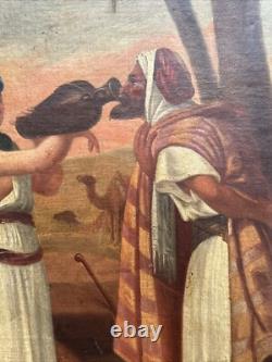 Antique Orientlism Painting 19th Century Large Portrait Landscape Camels Oil