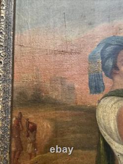 Antique Orientlism Painting 19th Century Large Portrait Landscape Camels Oil