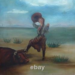 Antique Original Oil Painting on Canvas COWGIRL Roping A Bull Framed 17x16 in