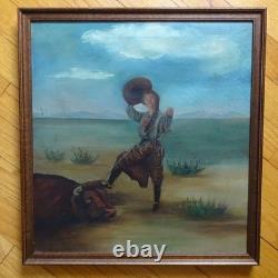 Antique Original Oil Painting on Canvas COWGIRL Roping A Bull Framed 17x16 in