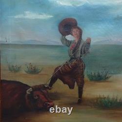 Antique Original Oil Painting on Canvas COWGIRL Roping A Bull Framed 17x16 in