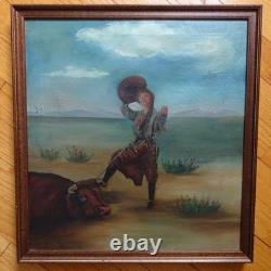 Antique Original Oil Painting on Canvas COWGIRL Roping A Bull Framed 17x16 in