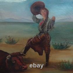 Antique Original Oil Painting on Canvas COWGIRL Roping A Bull Framed 17x16 in