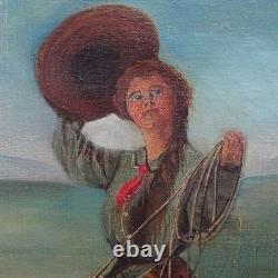 Antique Original Oil Painting on Canvas COWGIRL Roping A Bull Framed 17x16 in